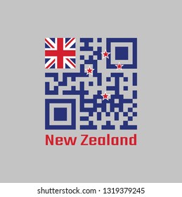 QR code set the color of New Zealand flag. A Blue Ensign with the Southern Cross of four stars centred on the outer half of the flag with text New Zealand.