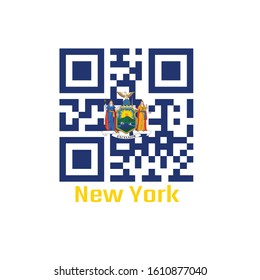 QR code set the color of New York flag, coat of arms of the state of New York on blue field. text: New York.