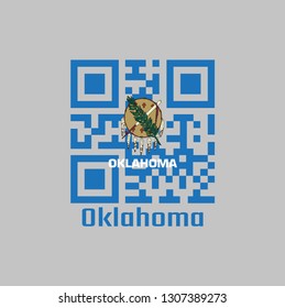QR code set the color of Oklahoma flag. Buffalo-skin shield with seven eagle feathers on a sky blue field with text Oklahoma.