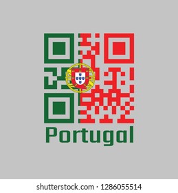 QR code set the color of Portugal flag, 2:3 vertically striped bicolor of green and red, with coat of arms of Portugal centred over the color boundary, concept of sale or business.