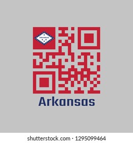QR code set the color of red and Arkansas flag on the top corner. The states of America. with text Arkansas.