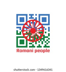 QR code set the color of Romani flag, blue and green background, representing the heavens and earth and red chakra or cartwheel in the center. text: Romani.