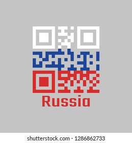 QR code set the color of Russia flag, three equal horizontal fields of white blue and red. text: Russia.