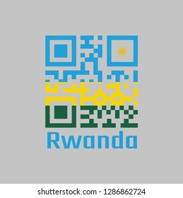 QR code set the color of Rwanda flag, A horizontal tricolor of blue yellow and green with a yellow sun in the upper corner. text: Rwanda.