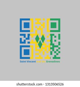 QR code set the color of Saint Vincent flag. blue gold and green with three green diamonds arranged in the V with text Saint Vincent.