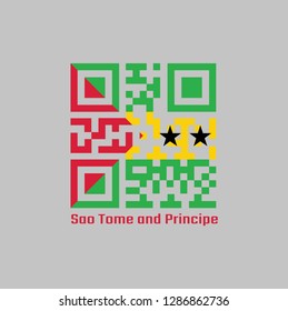 QR code set the color of Sao Tome and Principe flag, green yellow and green with a red triangle and two black stars. text: Sao Tome and Principe.