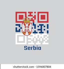 QR code set the color of Serbian flag. A horizontal tricolor of red blue and white; charged with the lesser Coat of arms left of center. text: Serbia.