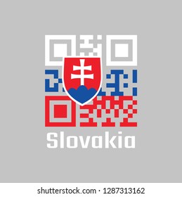 QR code set the color of Slovak flag, white blue and red; charged with a shield containing a white cross is placed to left of center. text: Slovakia.