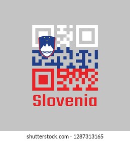 QR code set the color of Slovenian flag, White blue and red, charged with the Coat of arms at the hoist side. text: Slovenia.