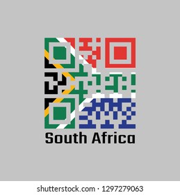 QR code set the color of South African flag, red and blue with a black triangle, white and green horizontal Y and gold against the triangle. text: South Africa.