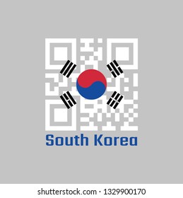 QR code set the color of South Korea flag. a red and blue Taeguk, symbolizing balance on white and black line with text South Korea.