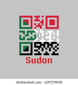 QR code set the color of Sudanese flag, red white and black; with a green triangle based at the hoist. text: Sudan.