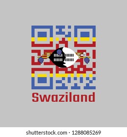 QR code set the color of Swaziland flag, a horizontal triband of blue, yellow and red with the large black and white Nguni shield and the staff decorated with the feather tassels called injobo.