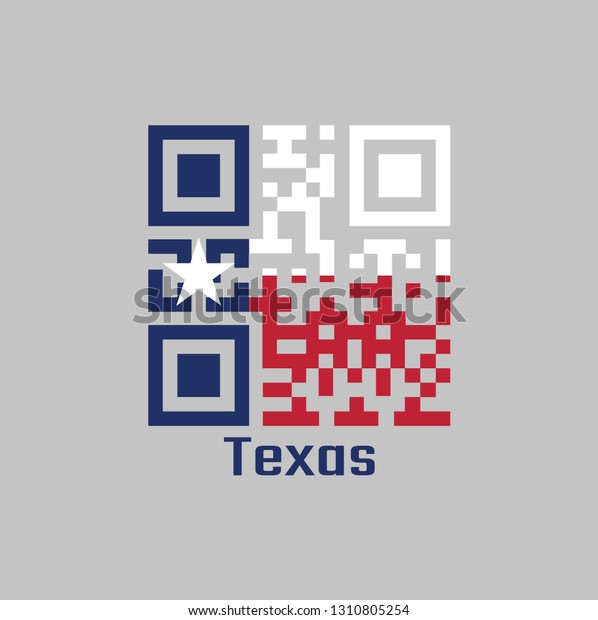 QR code set the color\
of Texas flag. blue containing a single centered white star. The\
remaining field is divided horizontally into a white and red bar\
with text Texas.