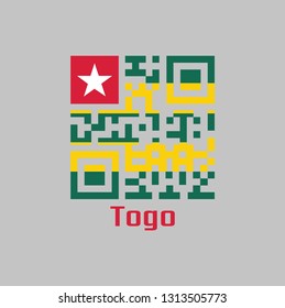 QR code set the color of Togolese flag. Five equal horizontal bands of green alternating with yellow; with a red canton bearing a white star with text Togo.