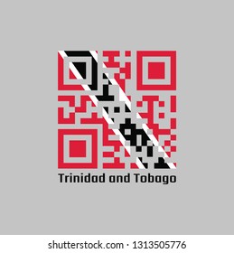 QR code set the color of Trinidadian flag. A red field with a white-edged black diagonal band with text Trinidad and Tobago.