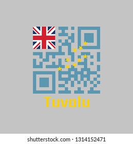 QR code set the color of Tuvalu flag. a Light Blue Ensign with the Map of the Island of nine yellow stars with text Tuvalu.