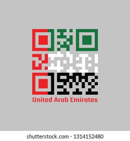 QR code set the color of UAE flag. horizontal tricolor of green white and black with a vertical red with text United Arab Emirates.