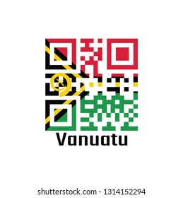 QR code set the color of Vanuatu flag. red and green with black and yellow color boar's tusk encircling two crossed fern fronds in the center and the golden pall with text Vanuatu.