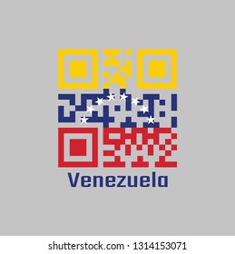 QR code set the color of Venezuela flag. yellow blue and red with an arc of eight white stars centered on the blue band with text Venezuela.