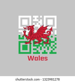 QR code set the color of Wales flag. consists of a red dragon passant on a green and white field with text Wales.
