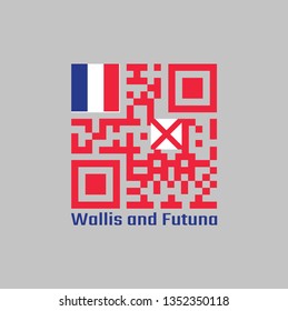 QR code set the color of Wallis and Futuna flag, red saltire on a white square, the flag of France in the upper, text: Wallis and Futuna.