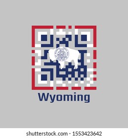 QR code set the color of Wyoming flag. The states of America. The seal on American bison on blue with white and red. text: Wyoming.