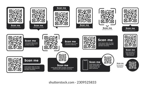 Conjunto de código QR. Enlaces abreviados a página en línea o sitio web, identificación de productos o mercancías. Comercio electrónico y compras en línea. Colección vectorial plana aislada en fondo blanco