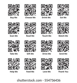 QR code set for stimulating sales of goods. Quick response codes with encoded promotional phrases as buy, scan, read, eat, take, touch, help, love me and thank you. Ready to scanning. Vector eps8.