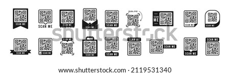 Qr code set. Template of frames for QR code with text - scan me. Quick Response codes for smartphone, mobile app, payment and discounts. Vector illustration. Stockfoto © 