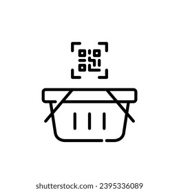 Código Qr y cesta de compras. Desproteger usando un lector de código de barras. Trazo de píxeles perfecto, editable