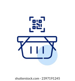 Código Qr y cesta de compras. Desproteger usando un lector de código de barras. Icono perfecto de píxeles