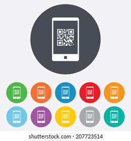 Qr code sign icon. Scan code in smartphone symbol. Coded word - success! Round colourful 11 buttons. Vector