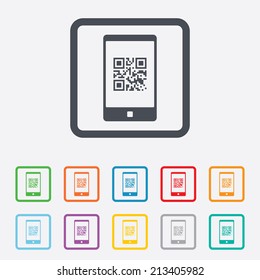 Qr code sign icon. Scan code in smartphone symbol. Coded word - success! Round squares buttons with frame. Vector