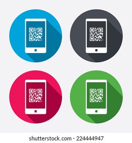 Qr code sign icon. Scan code in smartphone symbol. Coded word - success! Circle buttons with long shadow. 4 icons set. Vector