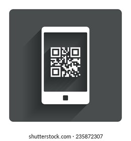 Qr code sign icon. Scan code in smartphone symbol. Coded word - success! Gray flat square button with shadow. Modern UI website navigation. Vector