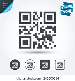 Qr code sign icon. Scan code symbol. Coded word - success! Circle and square buttons. Flat design set. Thank you ribbon. Vector