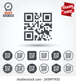 Qr code sign icon. Scan code symbol. Coded word - success! Circle, star, speech bubble and square buttons. Award medal with check mark. Thank you. Vector