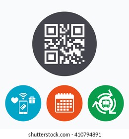 Qr code sign icon. Scan code symbol. Coded word - success! Mobile payments, calendar and wifi icons. Bus shuttle.