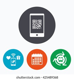 Qr code sign icon. Scan code in smartphone symbol. Coded word - success! Mobile payments, calendar and wifi icons. Bus shuttle.