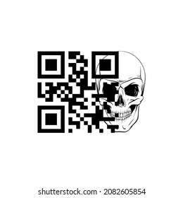 QR Code sign and skull art isolated on a white backgrounds. Vector template. 
