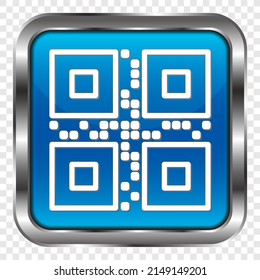 QR code simple icon. Flat design. Metal, blue square button. Transparent grid.ai