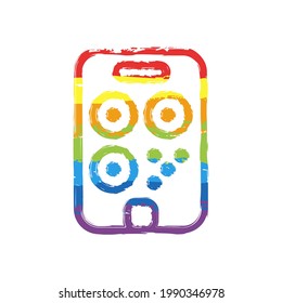 QR code, simple icon of mobile scanner. Drawing sign with LGBT style, seven colors of rainbow (red, orange, yellow, green, blue, indigo, violet