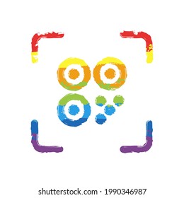 QR code, simple icon of mobile scanner. Drawing sign with LGBT style, seven colors of rainbow (red, orange, yellow, green, blue, indigo, violet