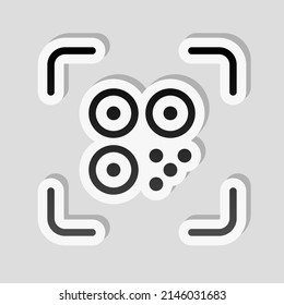 QR code, simple icon of mobile scanner. Linear sticker, white border and simple shadow on gray background