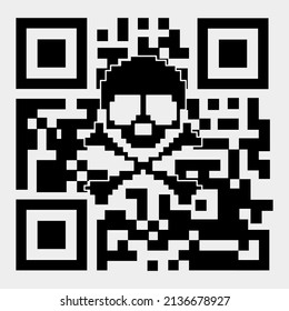 QR code with skull and crossbones. QR code scam concept. Flat style illustration. Isolated on white background