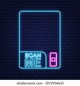 Código QR para smartphone. La inscripción me escanea con el icono del smartphone. Código Qr de pago. Icono de Neon. Ilustración del vector