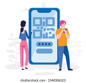 QR code in smartphone with people, data encoding technology. Vector illustration for web, print, presentation.