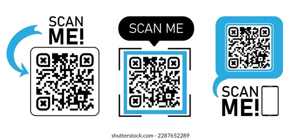 QR code for smartphone with scan me text. Qr code for payment, e-wallet, web, mobile app. UI UX design element. Barcode scan for smartphone. Mobile payment and identity. Vector illustration