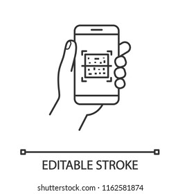 QR code smartphone scanner linear icon. Thin line illustration. Quick response code. Matrix barcode scanning mobile phone app. Contour symbol. Vector isolated outline drawing. Editable stroke